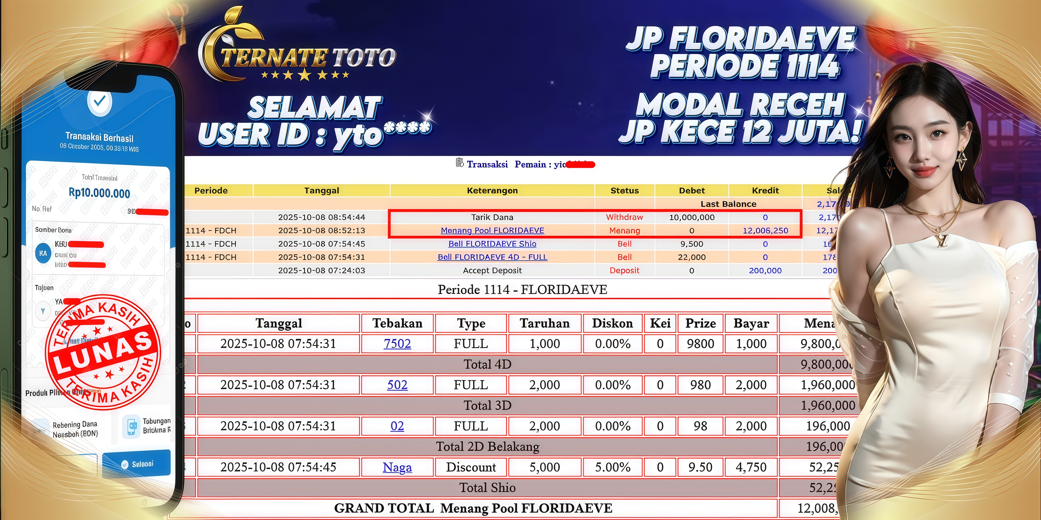 TERNATETOTO - MENANG  POOL FLORIDAEVE PERIODE 1114 Rp.12,000,000,-